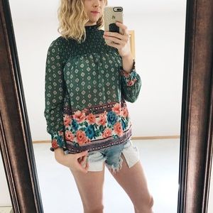 💐High neck bishop cuffed long sleeves sheer top